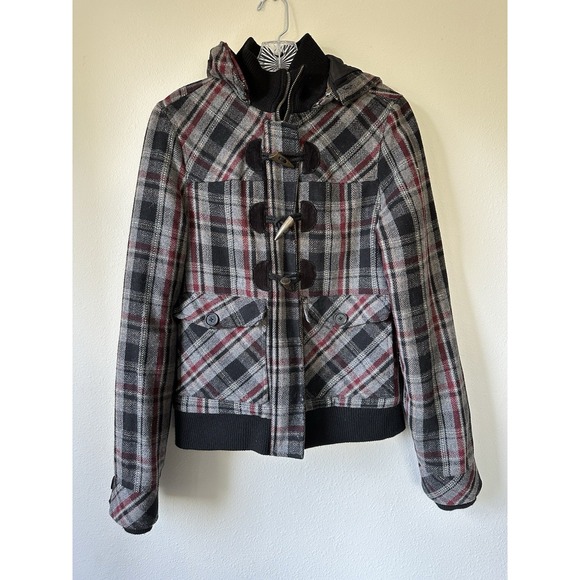 Billabong plaid bomber jacket size Medium Hood Elbow Patches - Picture 1 of 4